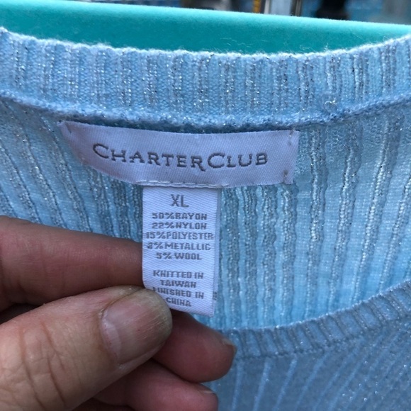 Charter Club size XL blue scoop neck ribbed knit tank top with silver threading - Picture 3 of 4